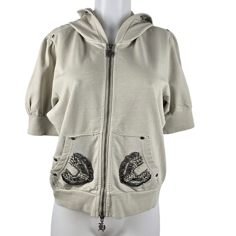 Hale Bob Cement Lightweight Hooded Beaded Short Sleeve Jacket XL NWT MSRP $140